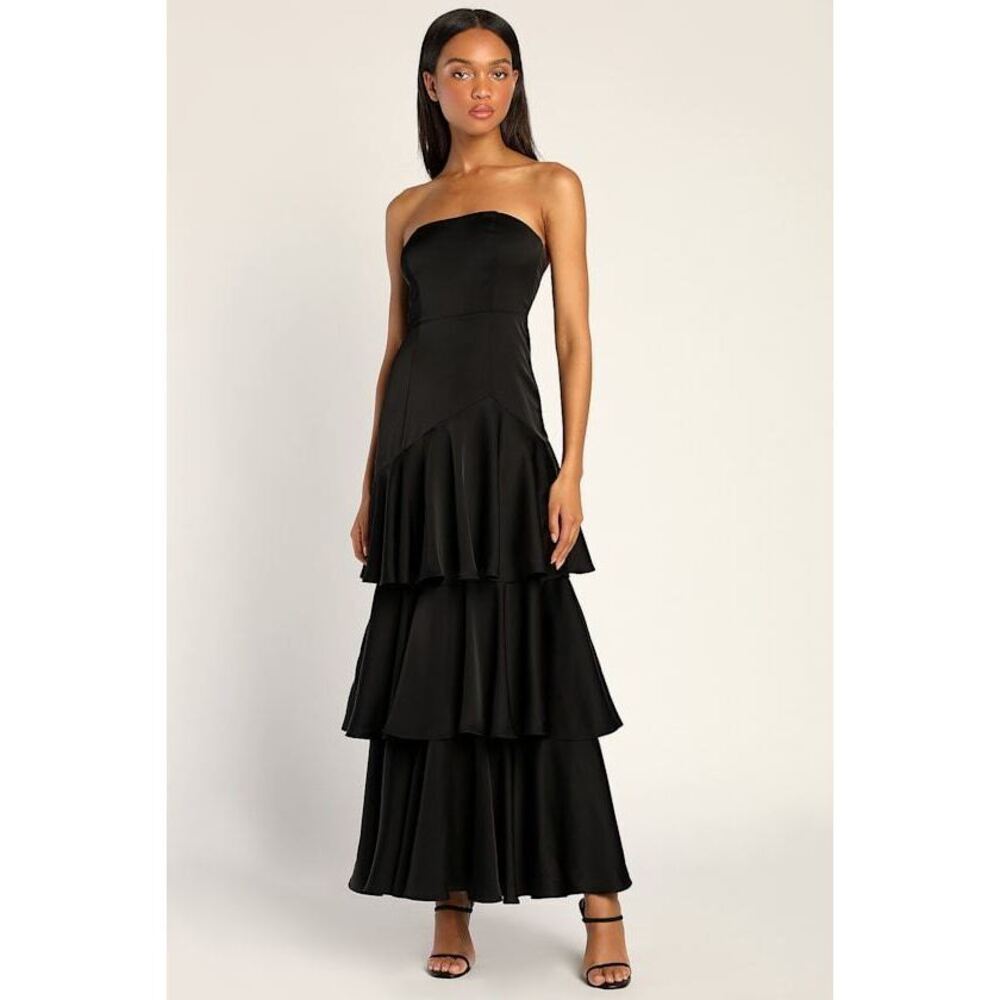 Lulus Black Satin Strapless Tiered Maxi Dress - Size M